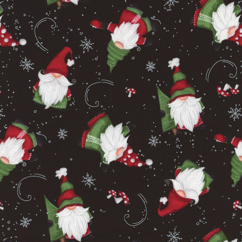 Black fabric with a festive tossed gnomes pattern.