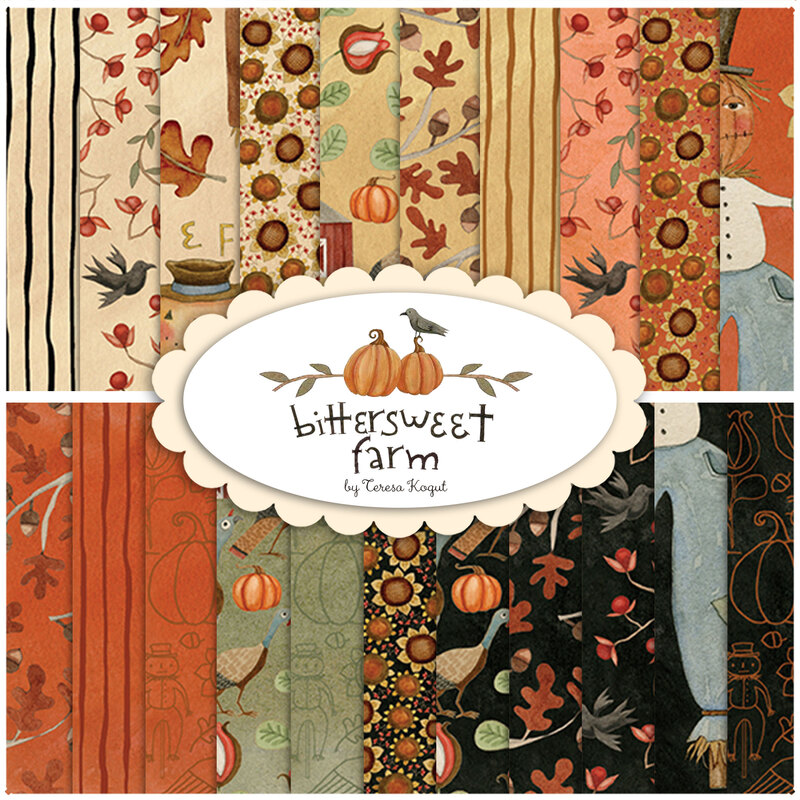 collage of all bittersweet farm fabrics in warm shades of cream, tan, orange, green, and black
