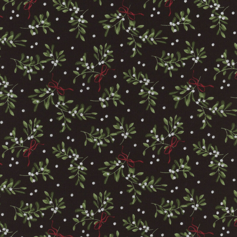 Black fabric with a pattern of mistletoe sprigs with little red bows.