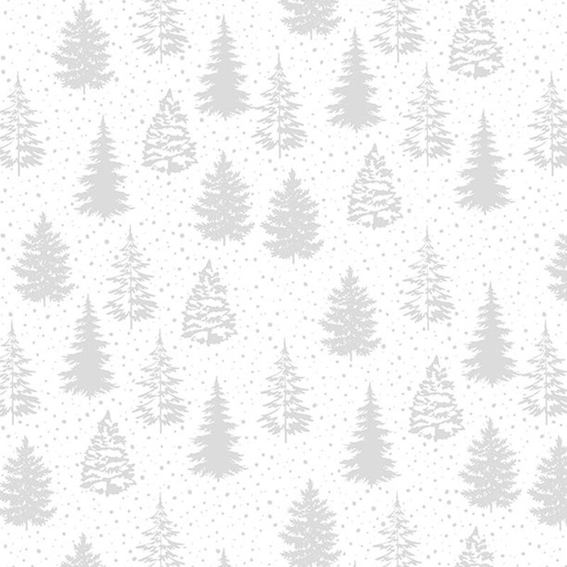 Digital image of tonal white fabric with snow and evergreen trees