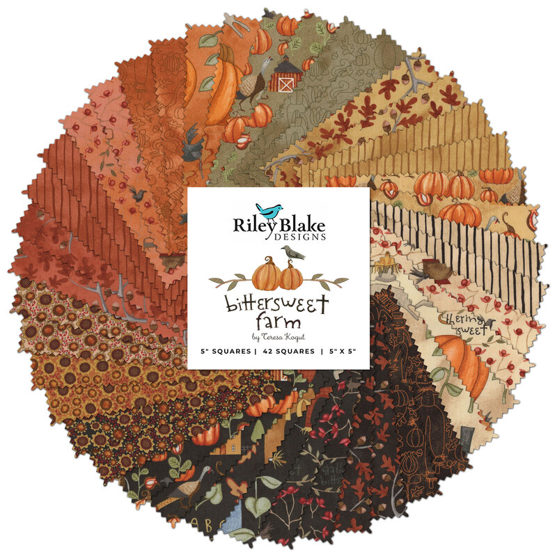 collage of all bittersweet farm fabrics splayed in a circle in warm shades of cream, tan, orange, green, and black