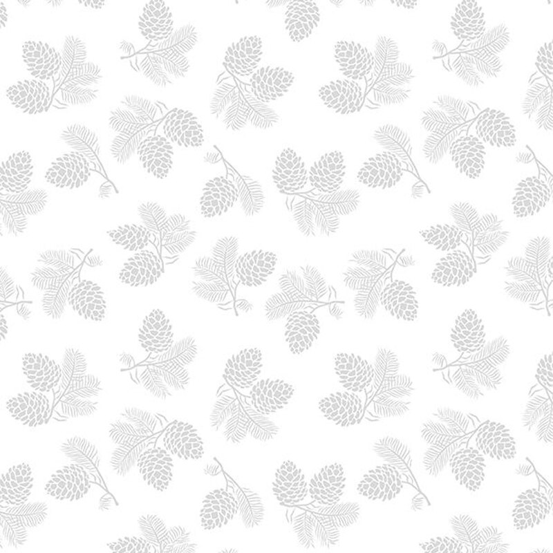Digital image of tonal white fabric tossed with pinecones