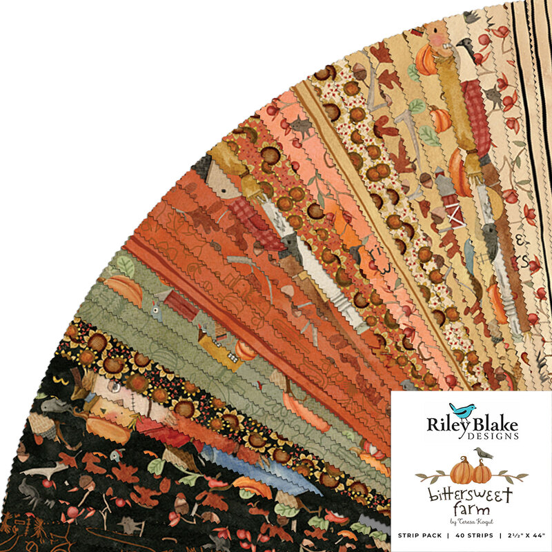 collage of all bittersweet farm fabrics splayed in a fan in warm shades of cream, tan, orange, green, and black