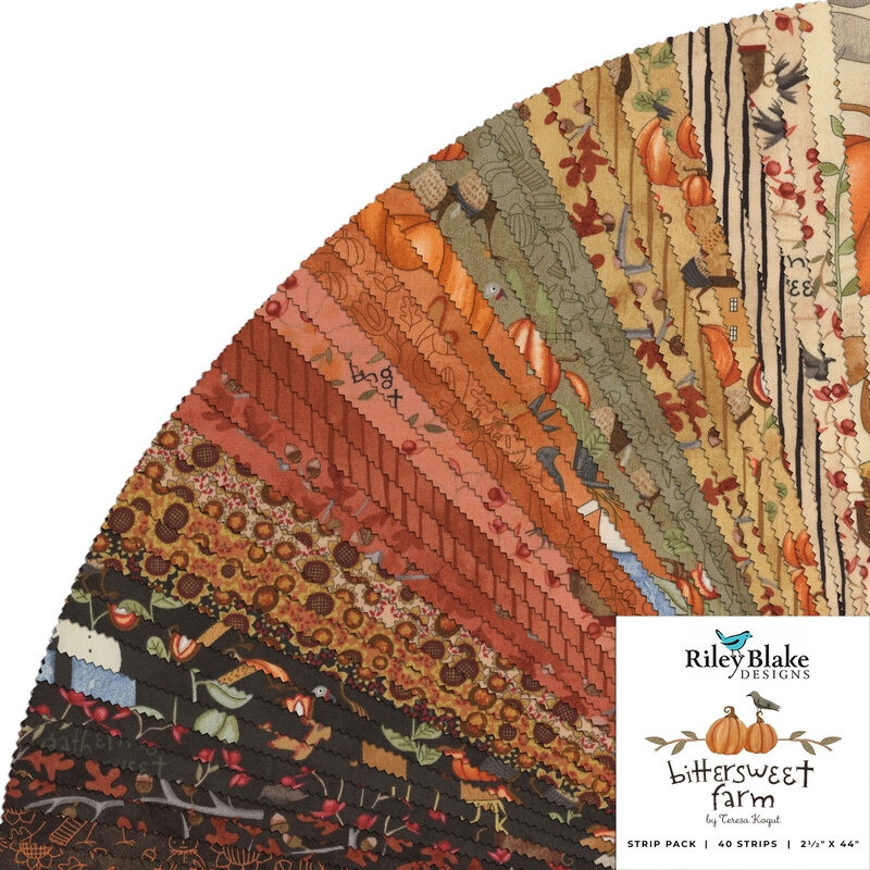 collage of all bittersweet farm fabrics splayed in a fan in warm shades of cream, tan, orange, green, and black