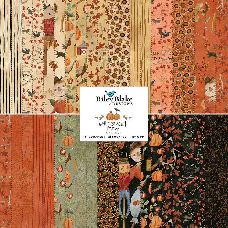 collage of all bittersweet farm fabrics in warm shades of cream, tan, orange, green, and black