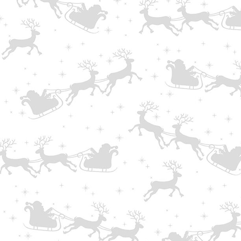 Digital image of tonal white fabric featuring Santa's sleigh pulled by reindeer