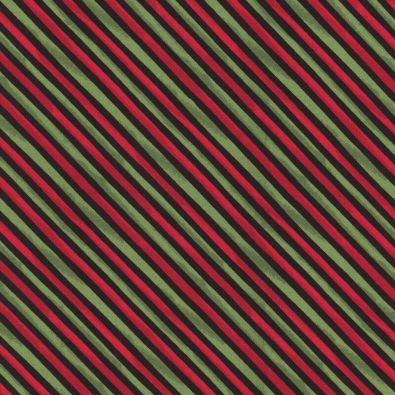 Fabric with diagonal red, green, and black stripes.