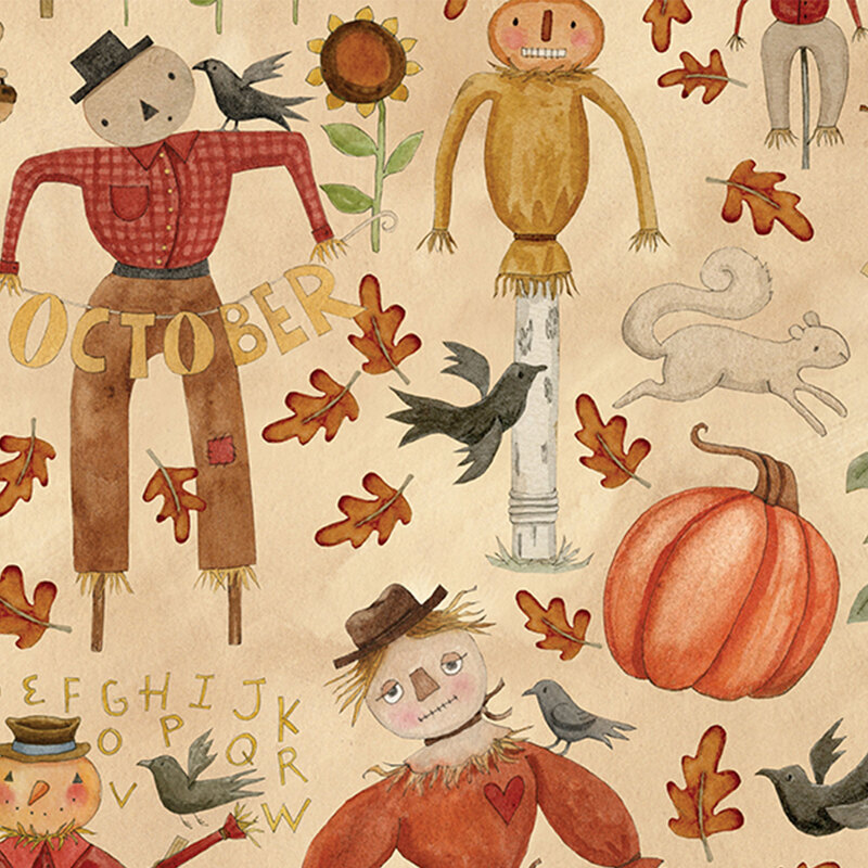 cream fabric with scattered autumn motifs, including scarecrows, sunflowers, crows, leaves, pumpkins, and squirrels