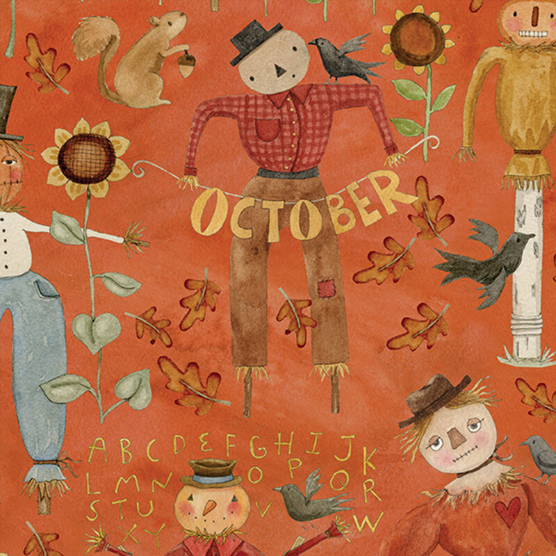 orange fabric with scattered autumn motifs, including scarecrows, sunflowers, crows, leaves, pumpkins, and squirrels