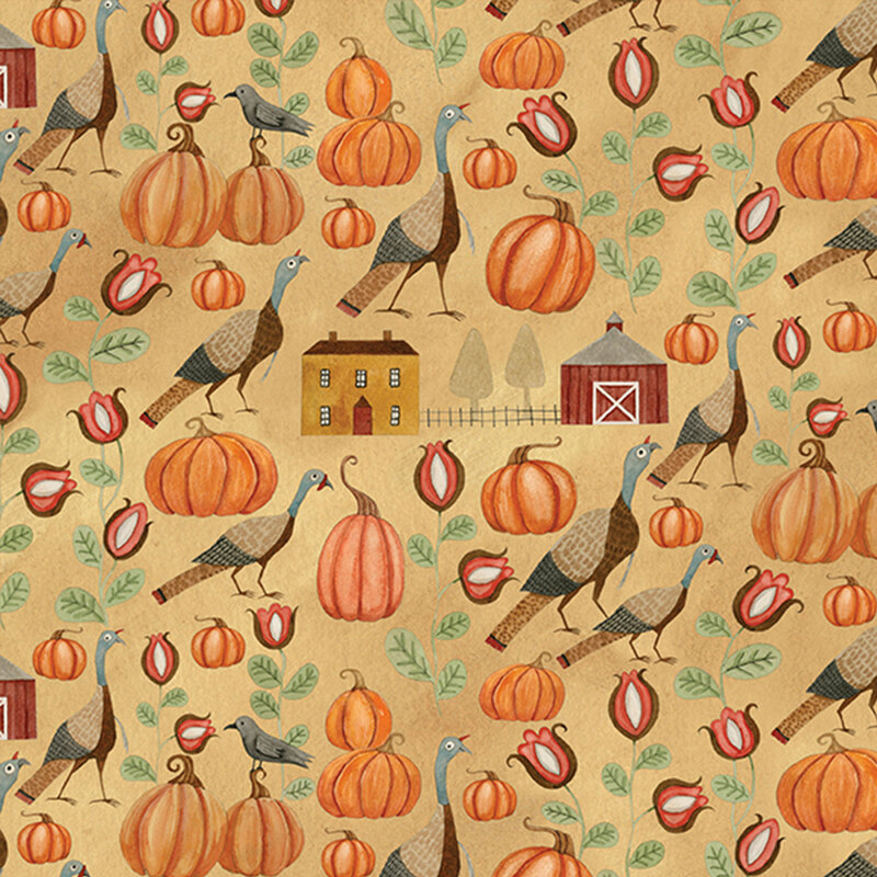 muted golden fabric with scattered turkeys, pumpkins, flowers, and farmhouses
