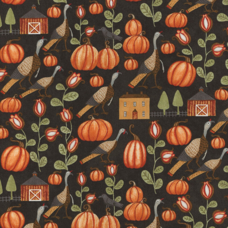 black fabric with scattered turkeys, pumpkins, flowers, and farmhouses