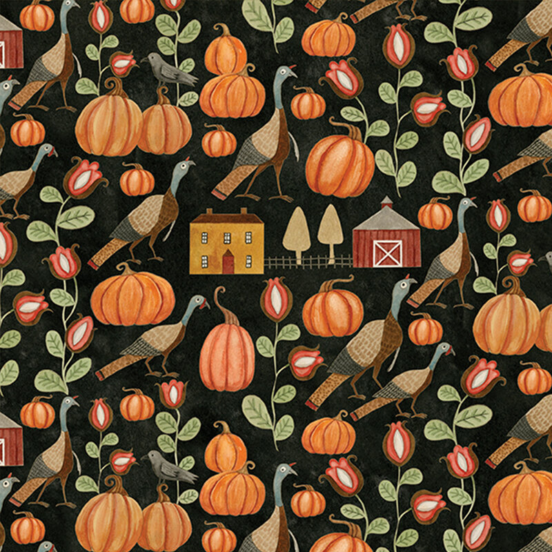 black fabric with scattered turkeys, pumpkins, flowers, and farmhouses