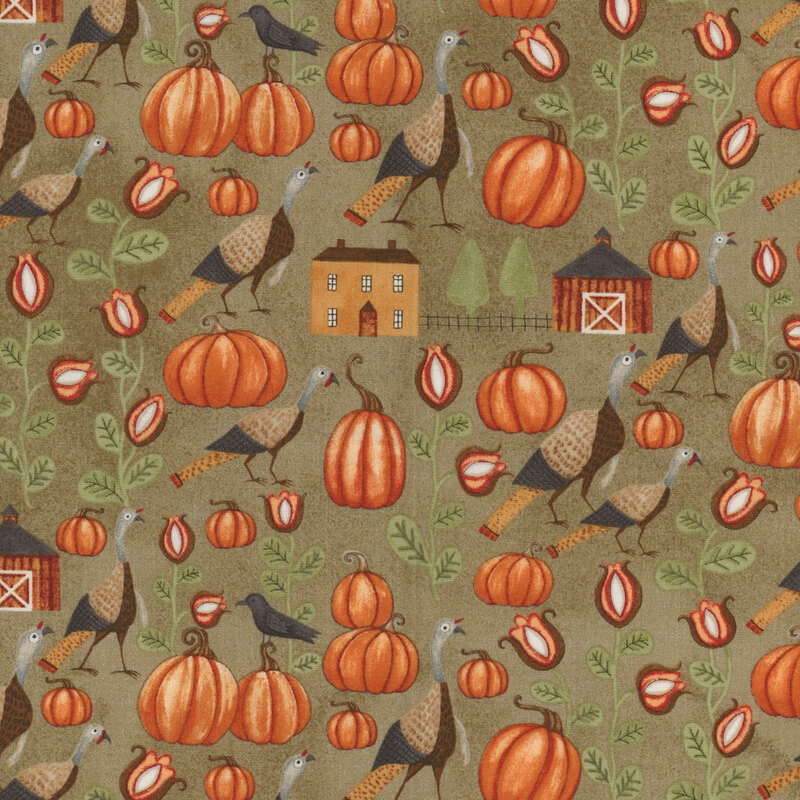 muted sage fabric with scattered turkeys, pumpkins, flowers, and farmhouses