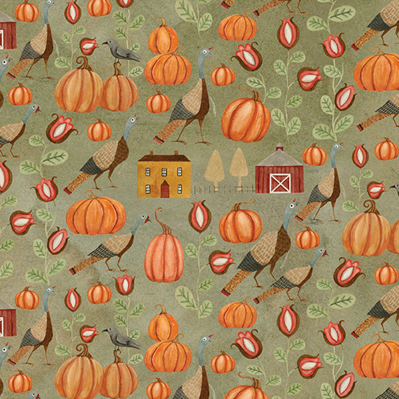 muted sage fabric with scattered turkeys, pumpkins, flowers, and farmhouses