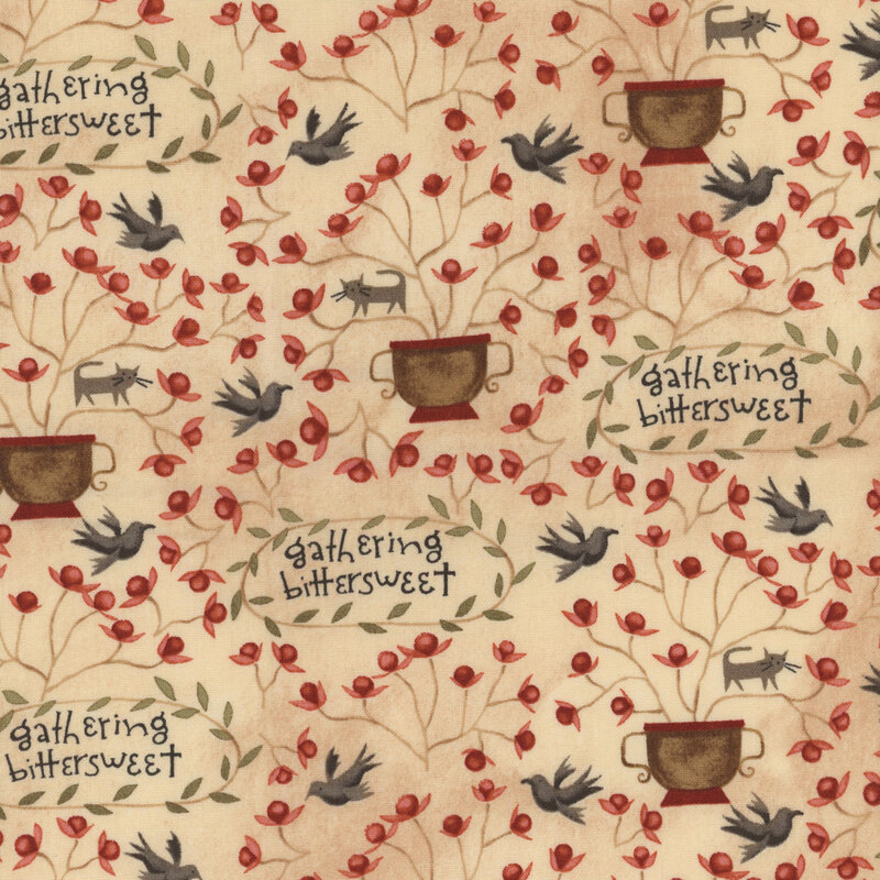 cream fabric with brown planters of red flowering bushes, including a cat stuck in the branches, flying crows, and scattered vine circles with 