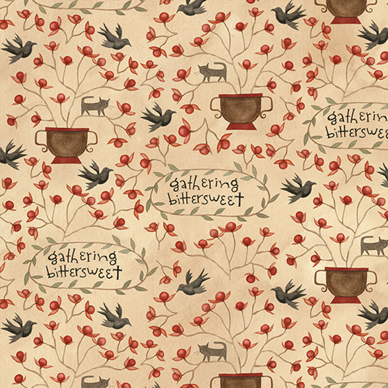 cream fabric with brown planters of red flowering bushes, including a cat stuck in the branches, flying crows, and scattered vine circles with 