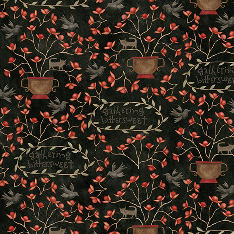 black fabric with brown planters of red flowering bushes, including a cat stuck in the branches, flying crows, and scattered vine circles with 