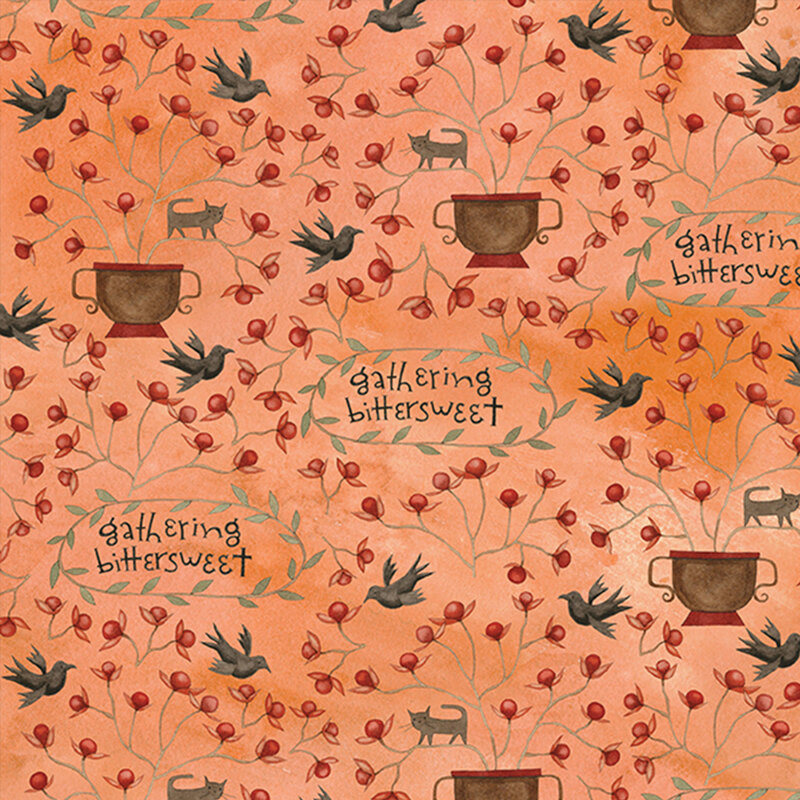 orange fabric with brown planters of red flowering bushes, including a cat stuck in the branches, flying crows, and scattered vine circles with 