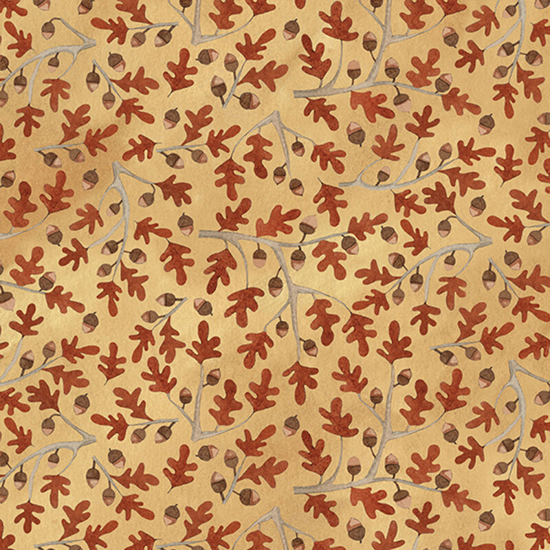 muted golden fabric with scattered oak branches with dark orange leaves and acorns