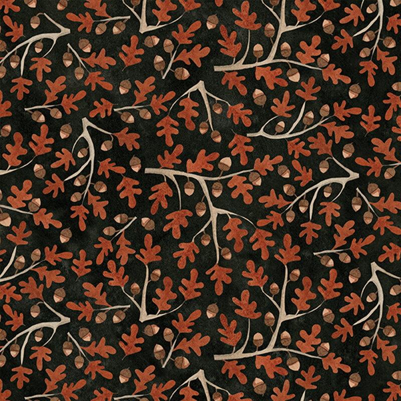 black fabric with scattered oak branches with dark orange leaves and acorns