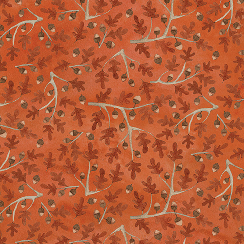 rusty orange fabric with scattered oak branches with dark orange leaves and acorns