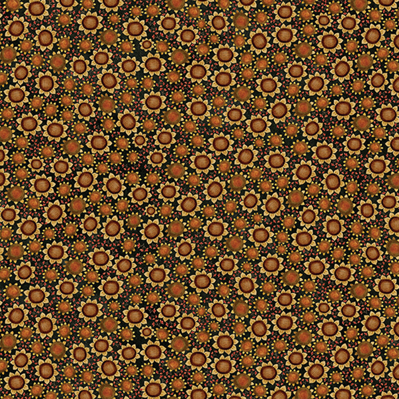 black fabric with small pack together muted yellow sunflowers