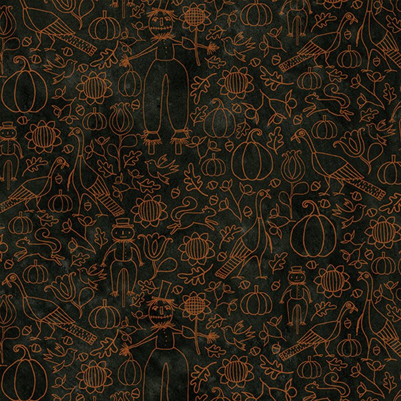 black fabric with scattered orange outlines of various autumn motifs, including scarecrows, pumpkins, sunflowers, turkeys, and so many more adorable autumn images