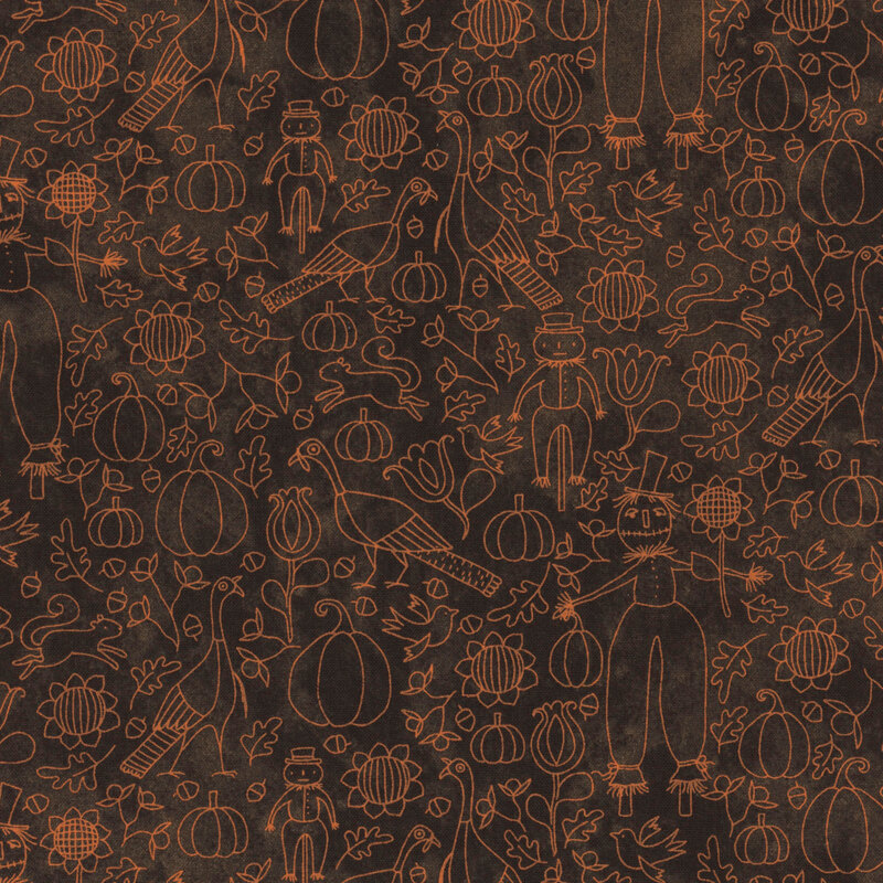 black fabric with scattered orange outlines of various autumn motifs, including scarecrows, pumpkins, sunflowers, turkeys, and so many more adorable autumn images