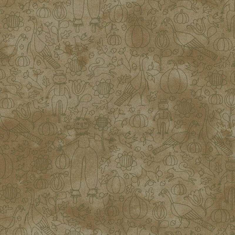 muted sage fabric with scattered tonal outlines of various autumn motifs, including scarecrows, pumpkins, sunflowers, turkeys, and so many more adorable autumn images