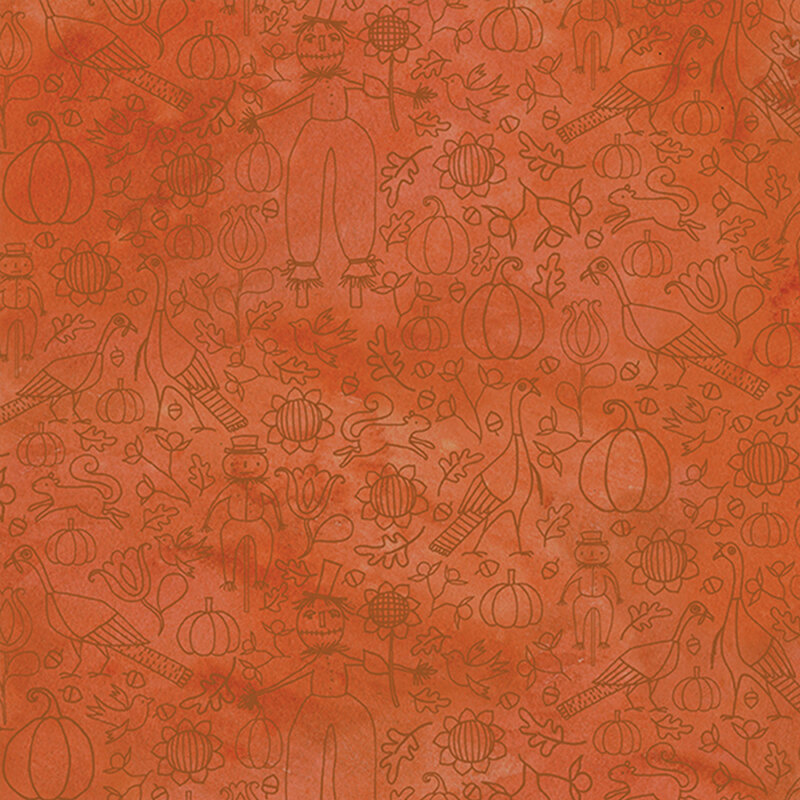 rusty orange fabric with scattered brown outlines of various autumn motifs, including scarecrows, pumpkins, sunflowers, turkeys, and so many more adorable autumn images