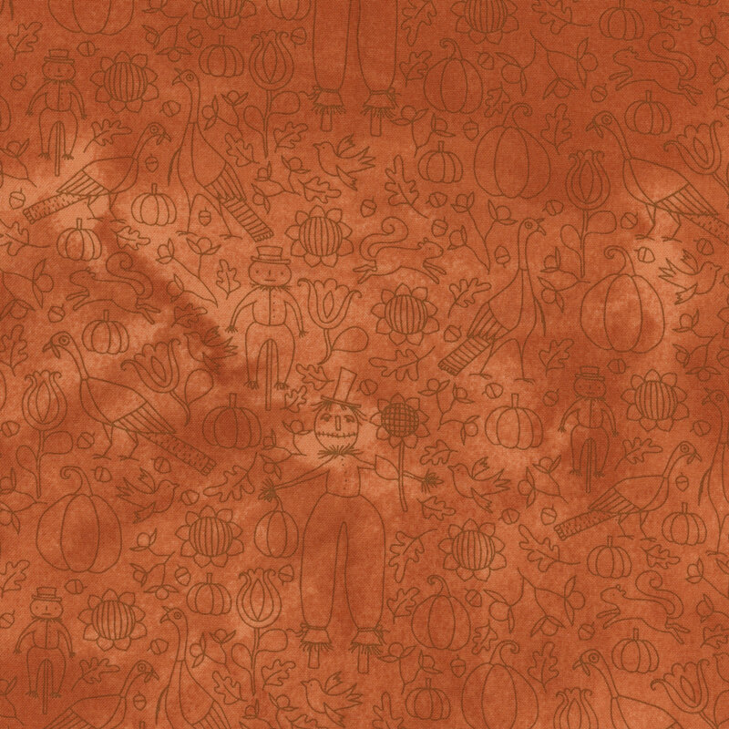 rusty orange fabric with scattered brown outlines of various autumn motifs, including scarecrows, pumpkins, sunflowers, turkeys, and so many more adorable autumn images