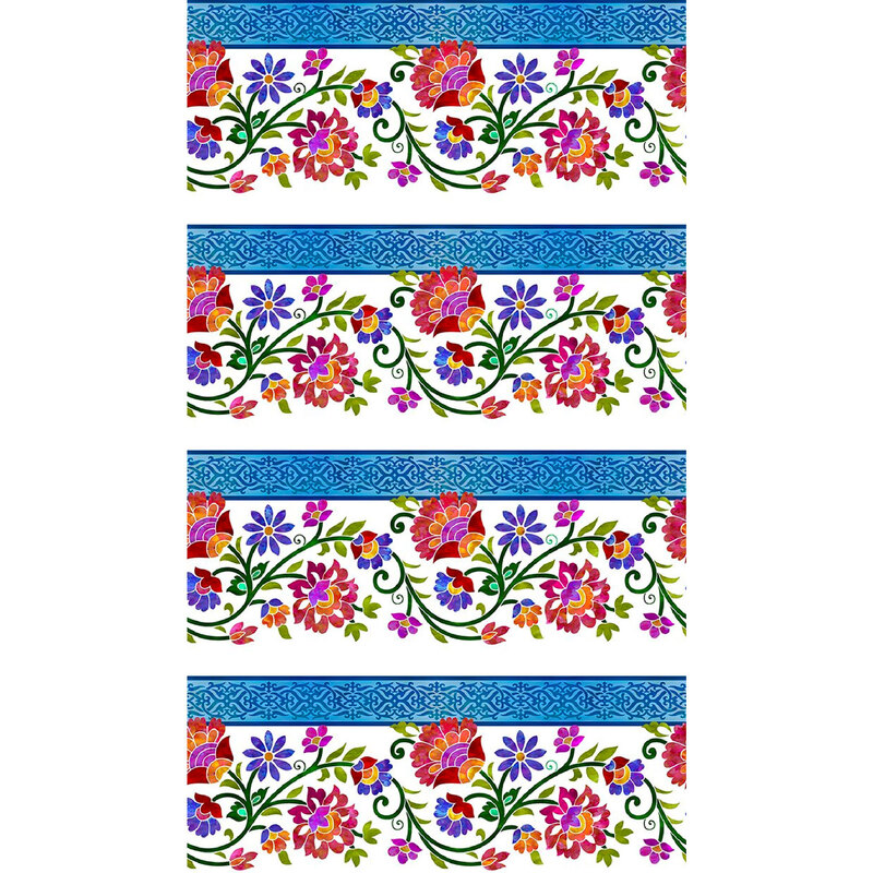full digital image of border stripe fabric featuring flowers on a white background