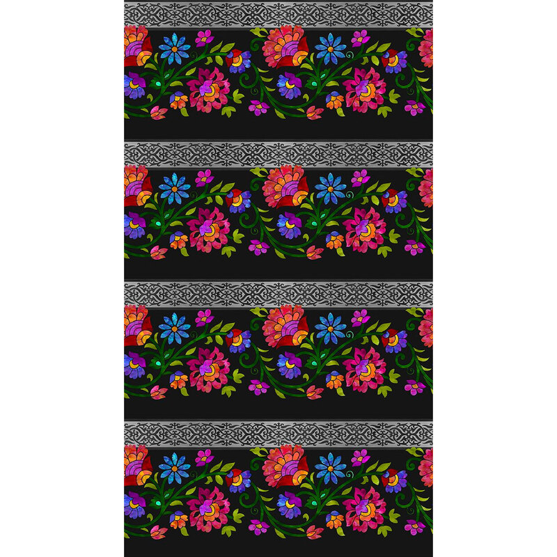 full digital image of border stripe fabric featuring flowers on a black background
