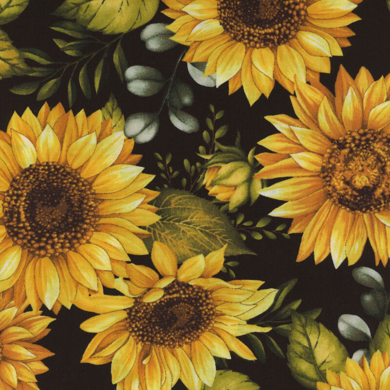 8x8 image swatch of a print with bright yellow and golden sunflowers on a black background