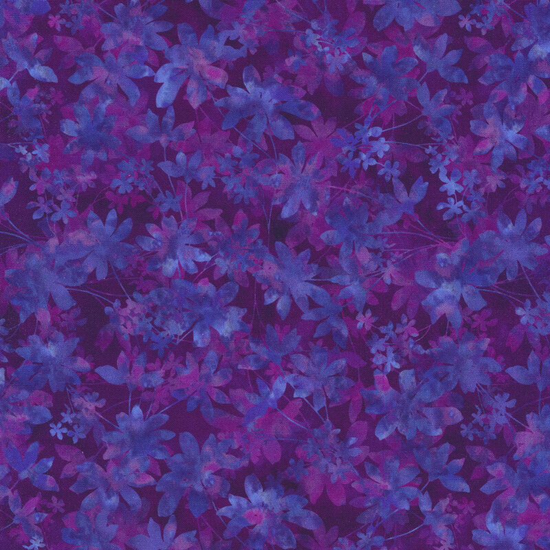 This fabric features blue and purple flowers