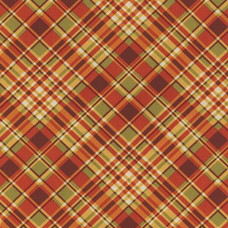 8x8  image swatch of a print with bright yellow, orange, and light leaf green plaid