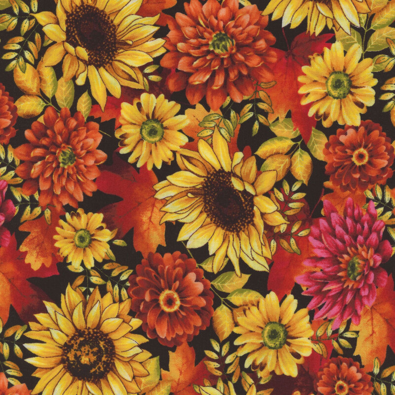8x8 image swatch of a print with bright flowers packed over a black background