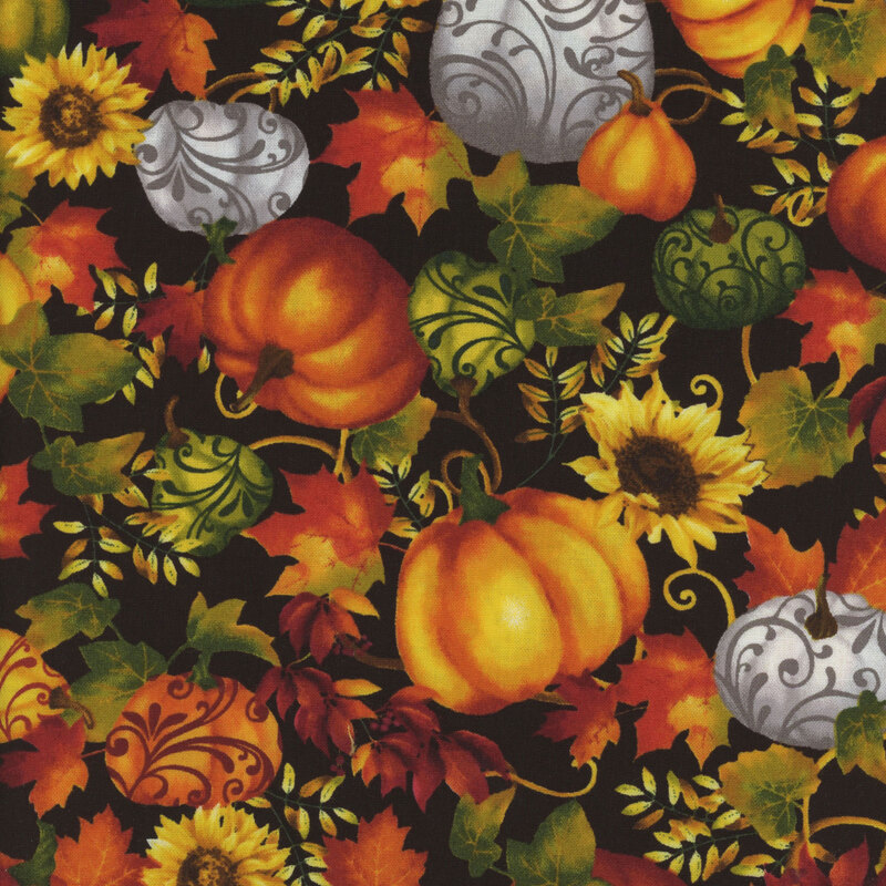 8x8 swatch of a black print packed with orange and white pumpkins as well as colorful fall leaves