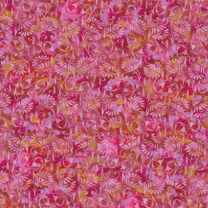 pink and yellow mottled fabric featuring a floral design