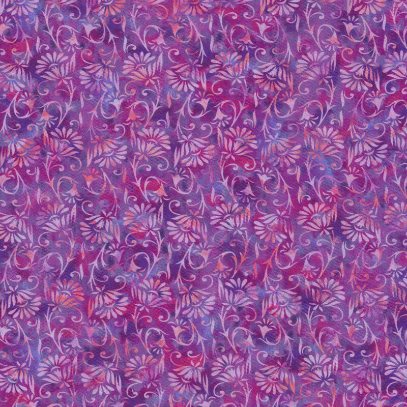 bright pink, blue and purple mottled fabric featuring a floral design