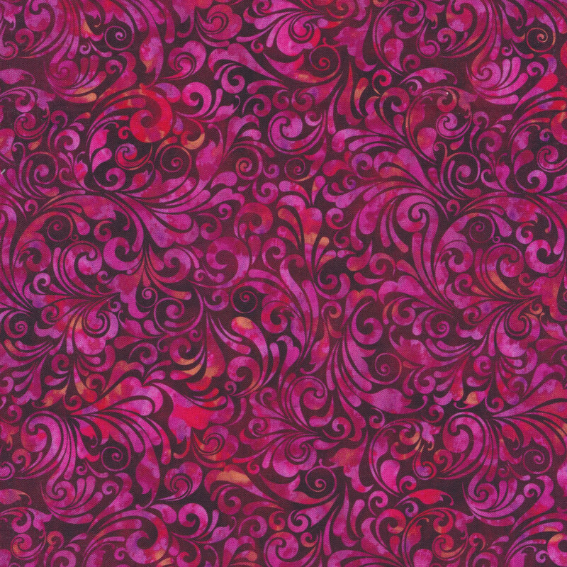bright pink and purple mottled fabric featuring a swirled design with hints of yellow
