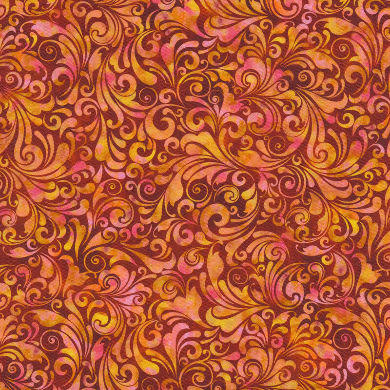 yellow and peach mottled fabric featuring a swirled design with a hint of pink
