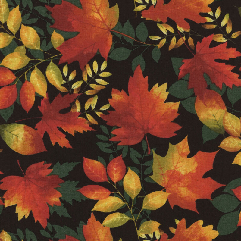 8x8 image swatch of a print with colorful, tossed autumn leaves on a black background