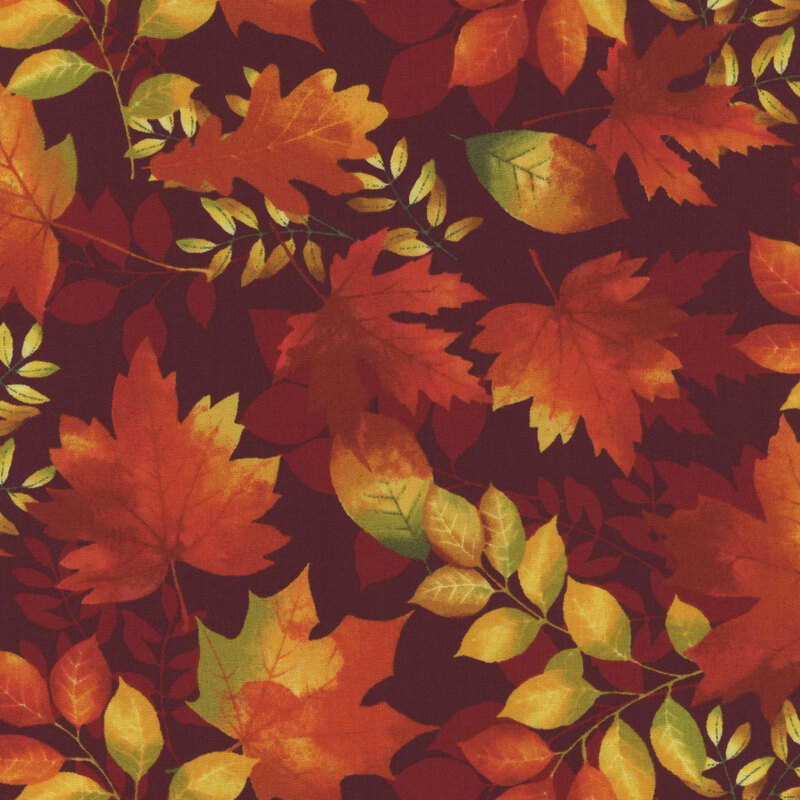 8x8 image swatch of a print with colorful, tossed autumn leaves on a burgundy background