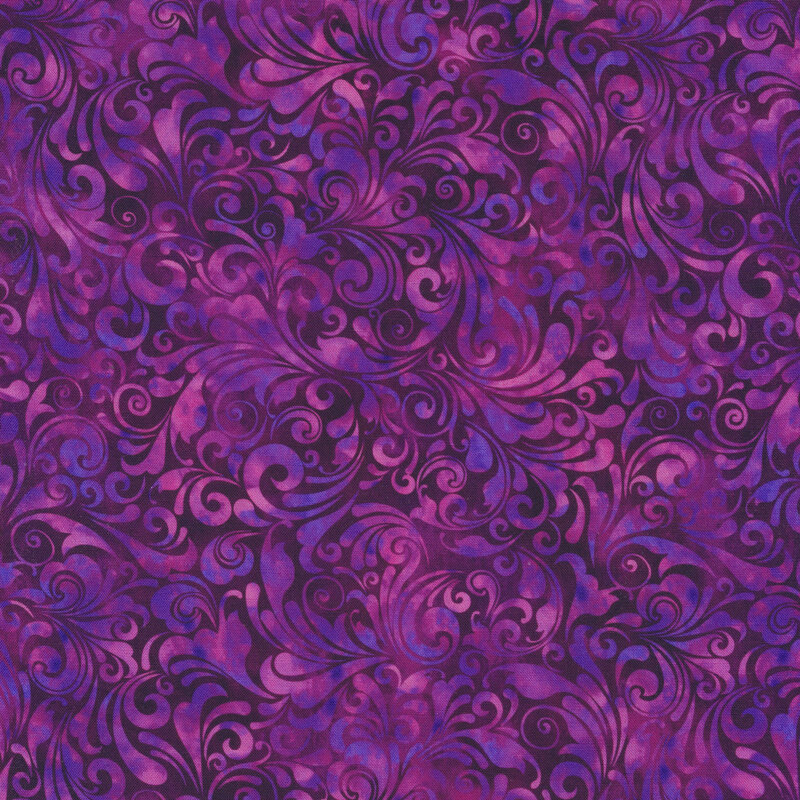 violet and plum mottled fabric featuring a swirled design with hints of dark blue