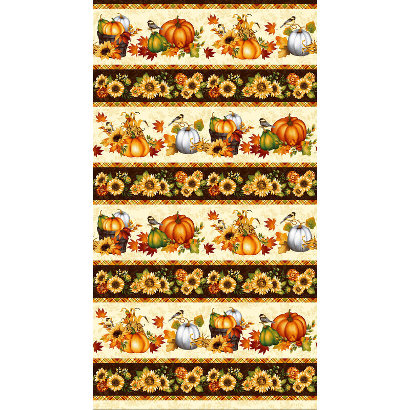 The border stripe print, featuring sunflowers, pumpkins, leaves, and birds