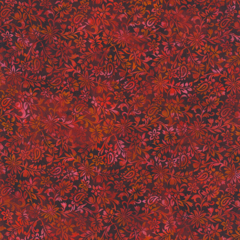 red and black mottled fabric featuring a floral design with hints of yellow and pink