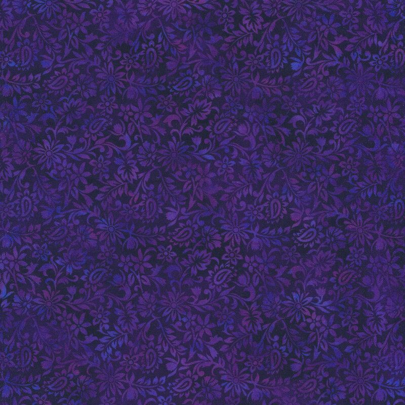 dark purple and black mottled fabric featuring a floral design with hints of pink and blue
