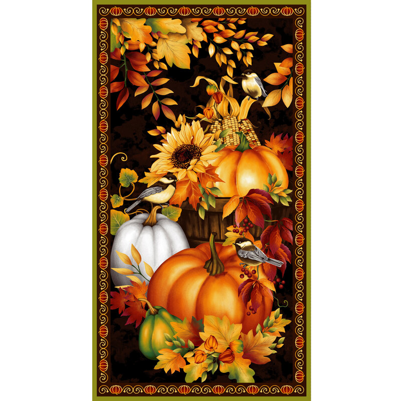 The black Seeds of Gratitude panel, featuring a harvest scene with pumpkins, leaves, corn, and sunflowers in bright colors on a black background