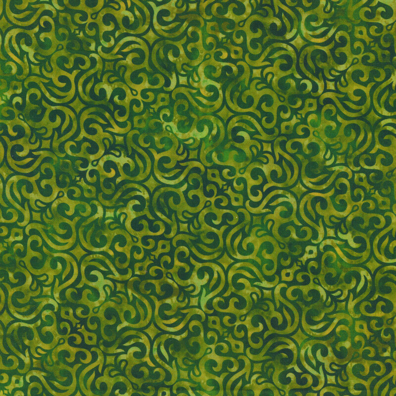 light and dark green mottled fabric featuring an intricate swirled design with hints of yellow